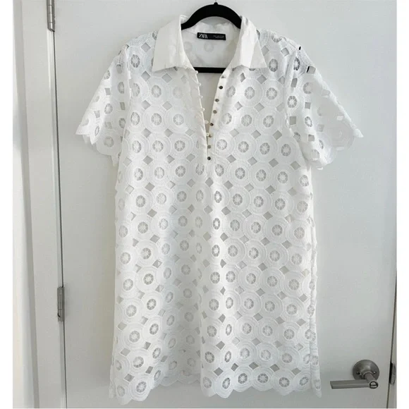 Zara White Eyelet Collared Shift Dress size medium - Picture 3 of 6
